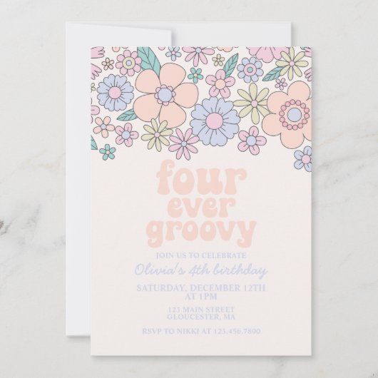 Invitation Quatre jamais Super Retro Floral 4e anniversaire (Devant)