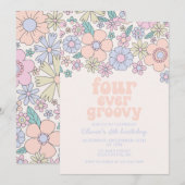 Invitation Quatre jamais Super Retro Floral 4e anniversaire (Devant / Derrière)