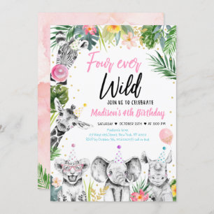 Invitation Quatre jamais Wild Tropical Safari fille Anniversa