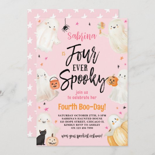 Invitation Quatre Jour Éffrayant Halloween Fille 4ème anniver (Devant / Derrière)