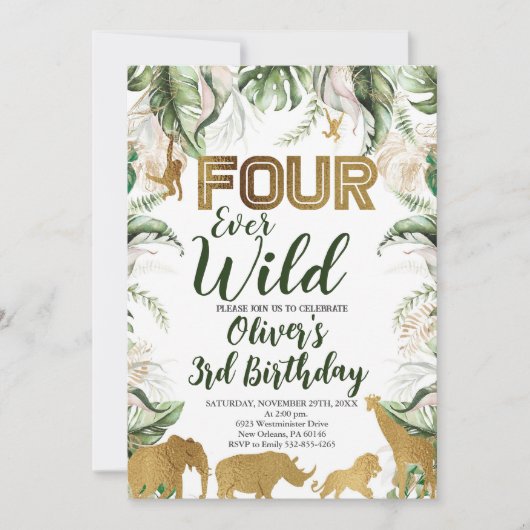 Invitation Quatre Jours Sauvage Safari Animal Anniversaire, S (Devant)