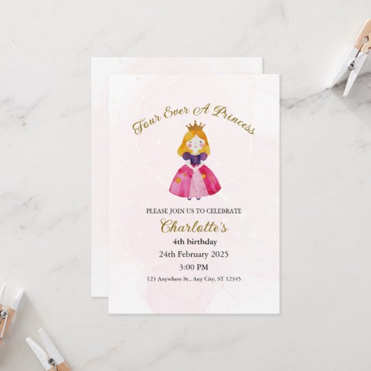 Invitation Quatre Jours Une Princesse Quatrième Anniversaire (Devant/Arrière en situation)