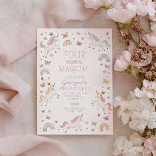 Invitation Quatre magnifiques licornes arc-en-ciel pour un an