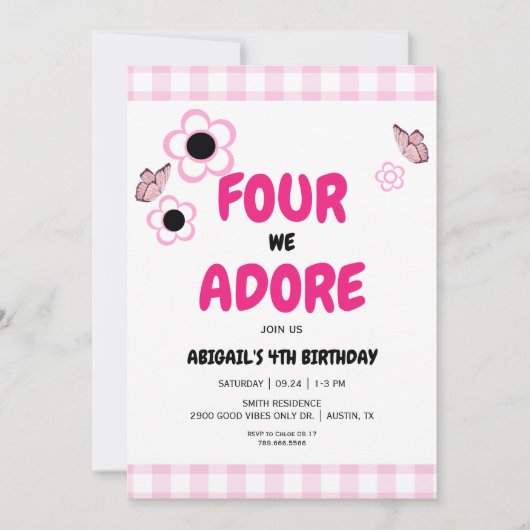 Invitation Quatre nous adorons la 4ème Fille rose fête d'anni (Devant)