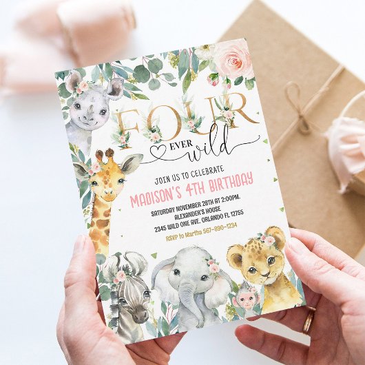Invitation Quatre toujours sauvage Gold Jungle Safari Animaux