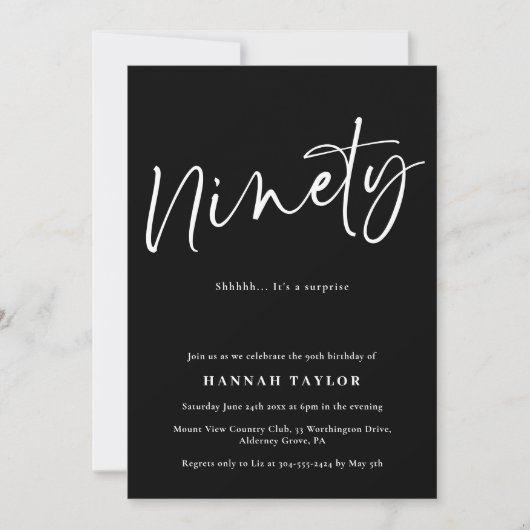 Invitation Quatre-vingt-dix Noir Blanc 90e Anniversaire (Devant)