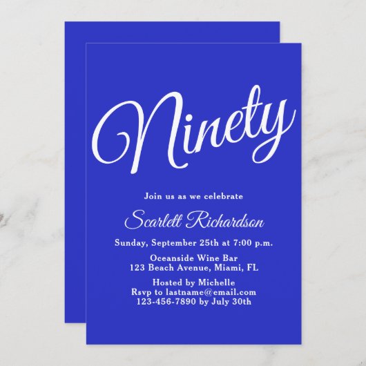 Invitation Quatre-vingt-dix Script moderne Royal Blue 90e ann (Devant / Derrière)