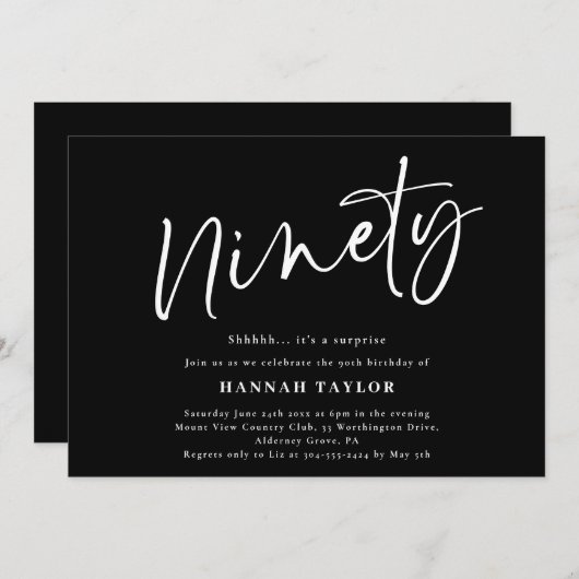 Invitation Quatre-vingt-dix Simple Chic Noir Blanc 90e annive (Devant / Derrière)
