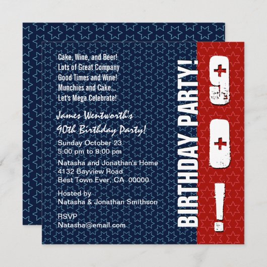 Invitation quatre-vingt-dixième Étoiles bleues blanches (Devant / Derrière)