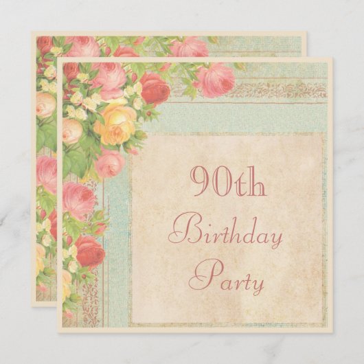 Invitation Quatre-vingt-dixième fête d'anniversaire de roses (Devant / Derrière)