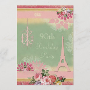 Invitation quatre-vingt-dixième Tour Eiffel et lustre roses