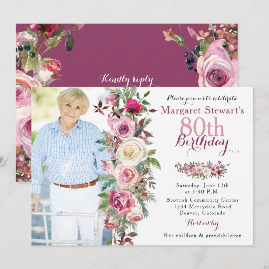 Invitation Quatre-vingtième anniversaire de rose de photo (Devant / Derrière)