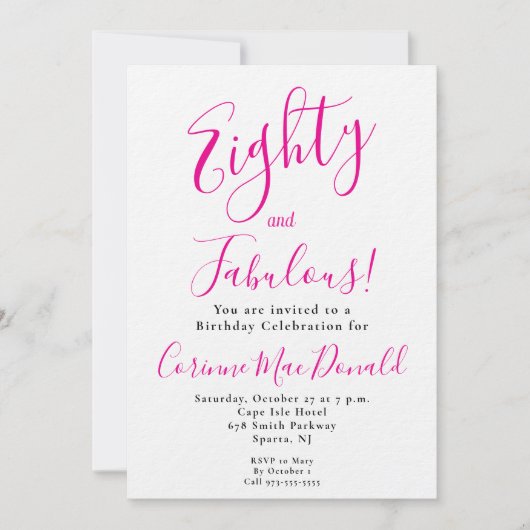 Invitation Quatre-vingts et Fabuleux Script Rose 80e Annivers (Devant)