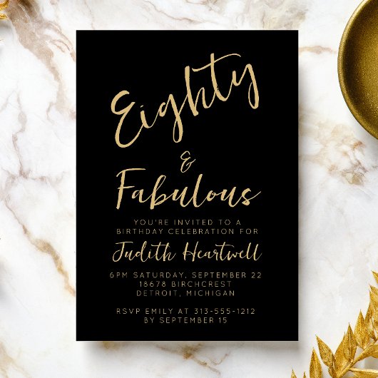 Invitation Quatre-vingts & Fabuleux Or Script Fête d'annivers