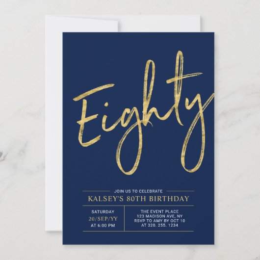 Invitation Quatre-vingts | Gold & Navy Lettering 80th Birthda (Devant)