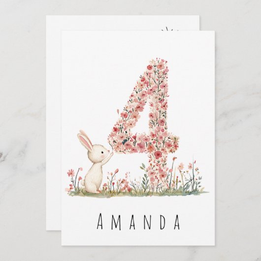 Invitation Quatrième Anniversaire Floral Four & White Bunny C (Devant / Derrière)