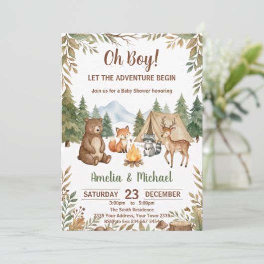 Invitation Que l'aventure commence Fête de bébé garçon en for (Debout devant)