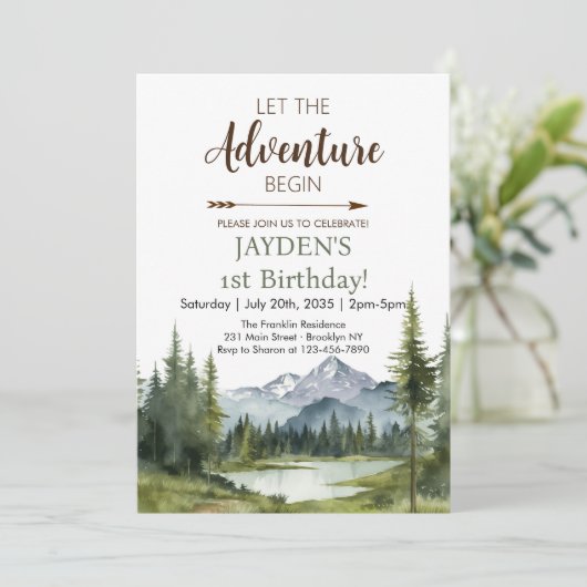Invitation Que l'Aventure Commence Forêt Rustique 1er Anniver (Debout devant)