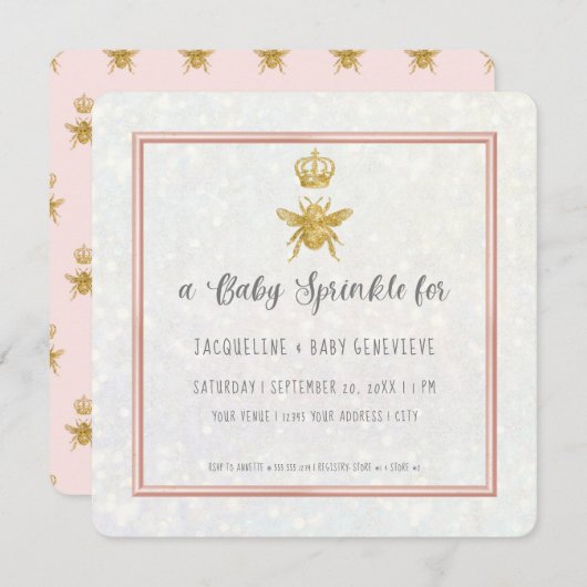 Invitation Queen Bee Parties scintillant or Couronne rose Élé (Devant / Derrière)