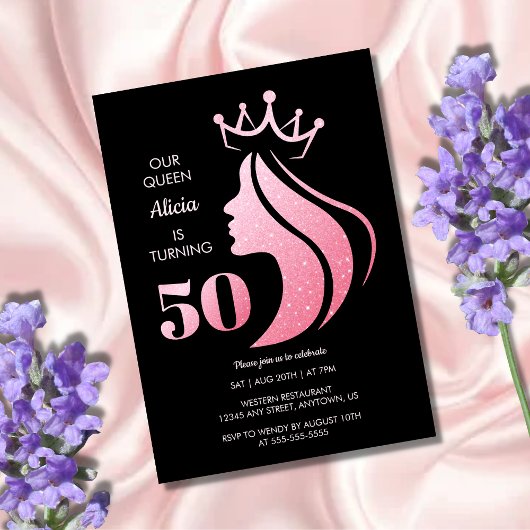 Invitation Queen Crown Parties scintillant rose Noir 50e anni
