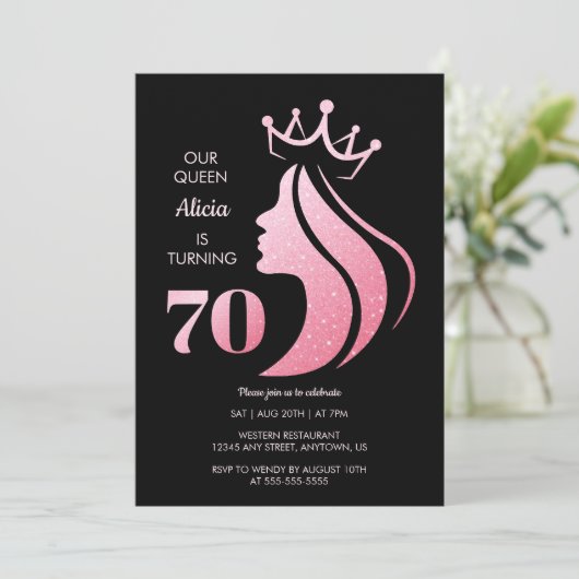 Invitation Queen Crown Parties scintillant rose Noir 70e anni (Debout devant)
