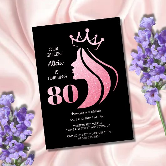 Invitation Queen Crown Parties scintillant rose Noir 80e anni