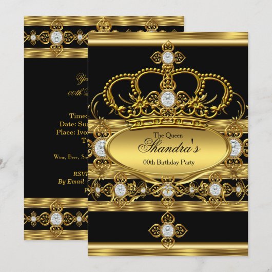 Invitation Queen King Prince Royal Gold Diamond Party (Devant / Derrière)