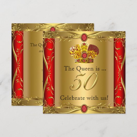 Invitation Queen King Regal Red Gold 50e fête d'anniversaire (Devant / Derrière)