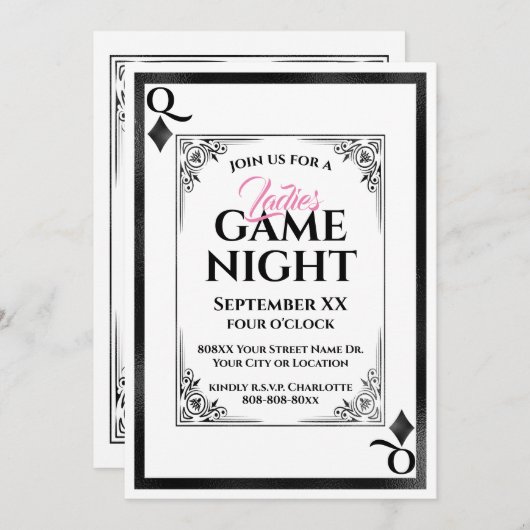 Invitation Queen of Diamonds Dames Game Night (Devant / Derrière)