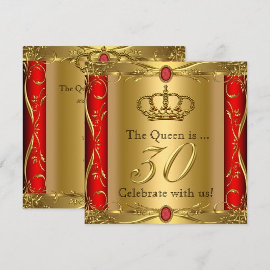 Invitation Queen ou King Regal Red Gold 30e fête d'anniversai (Devant / Derrière)