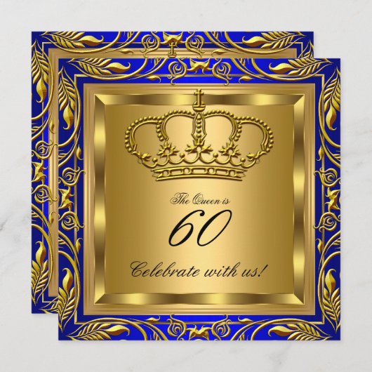 Invitation Queen ou King Royal Blue Gold Elite fête d'anniver (Devant / Derrière)