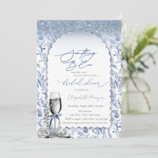 Invitation Quelque chose Blue Bow Parties scintillant Champag (Debout devant)