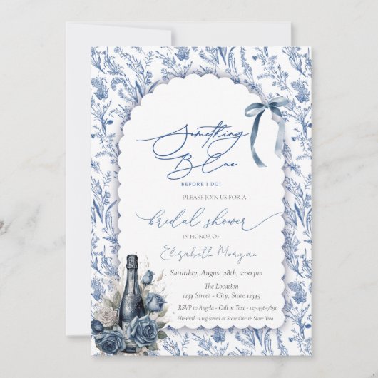 Invitation Quelque chose Blue Bow Vin bouteille Rose Floral (Devant)