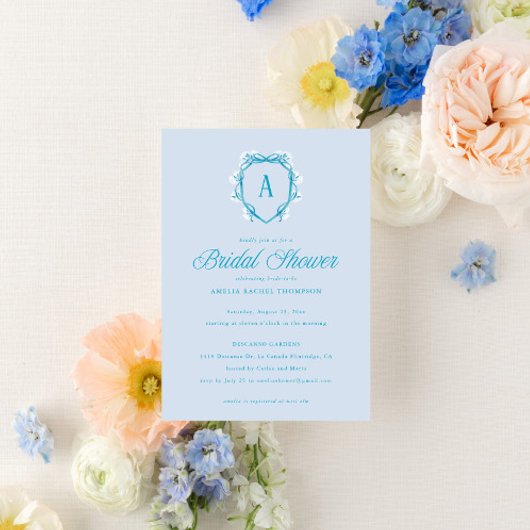 Invitation Quelque chose Blue Floral Crest Monogramme Fête de