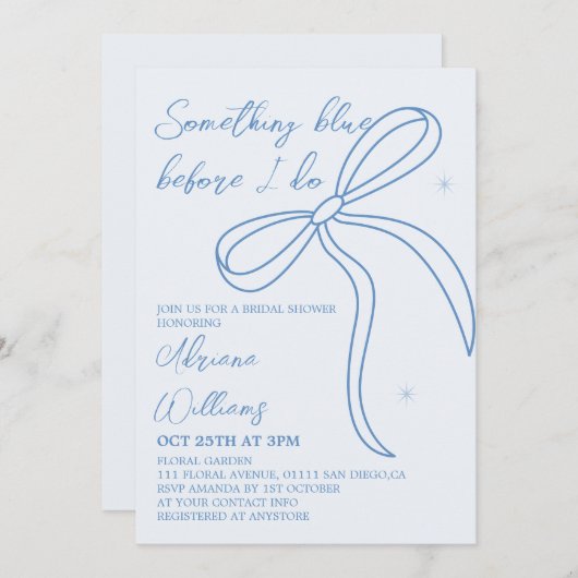 Invitation Quelque chose de bleu Fête des mariées Bow (Devant / Derrière)