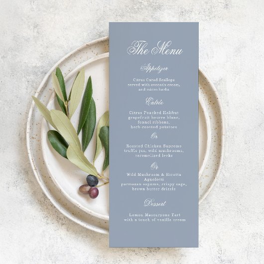 Invitation Quelque chose de bleu Menu de mariage élégant Dust