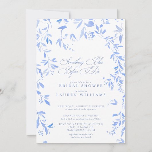 Invitation Quelque chose de bleu QR Code Floral Script Fête d (Devant)