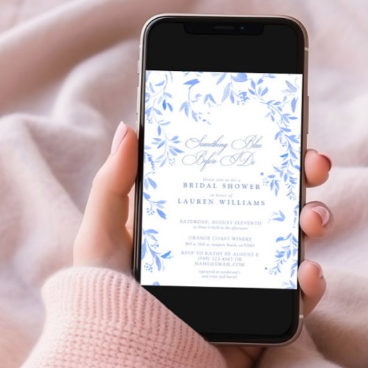 Invitation Quelque chose de bleu QR Code Floral Script Fête d