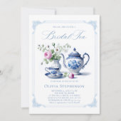 Invitation Quelque Chose Toile Bleu Cadre Chic Thé nuptiale D (Devant)