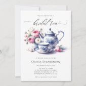 Invitation Quelque chose Toile Bleu Rose Chic Thé nuptiale Do (Devant)