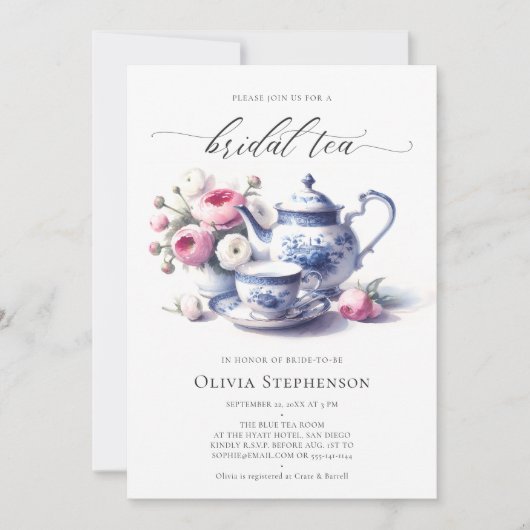 Invitation Quelque chose Toile Bleu Rose Chic Thé nuptiale Do (Devant)