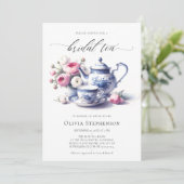 Invitation Quelque chose Toile Bleu Rose Chic Thé nuptiale Do (Debout devant)