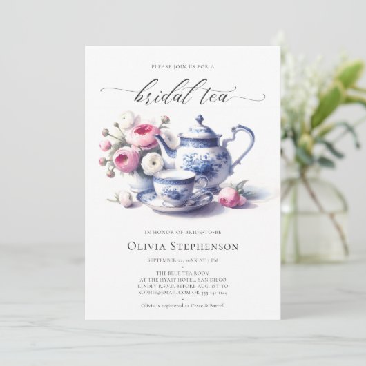 Invitation Quelque chose Toile Bleu Rose Chic Thé nuptiale Do (Debout devant)