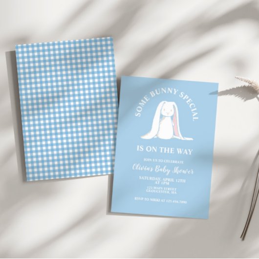 Invitation Quelques Baby shower Bunny bleu plaid