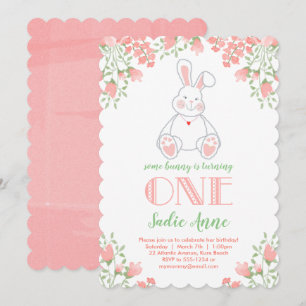 Invitation Quelques Bunny Aquarelle Blush rose 1er anniversai