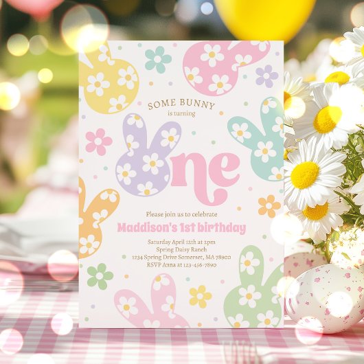 Invitation Quelques Bunny Daisy Floral Pastel Printemps 1er A