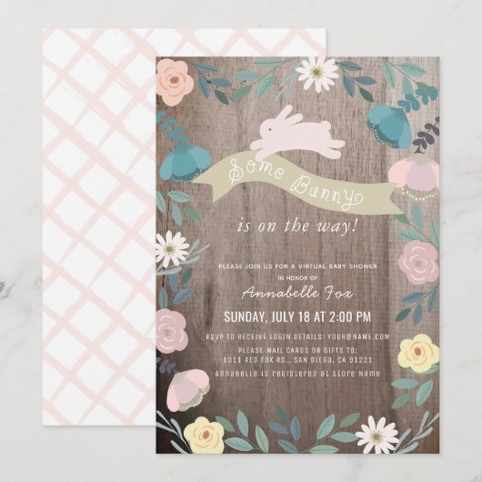 Invitation Quelques Bunny Floral Wood Girl Baby shower virtue (Devant / Derrière)