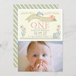 Invitation Quelques Bunny Pastel Jaune Photo 1er Anniversaire
