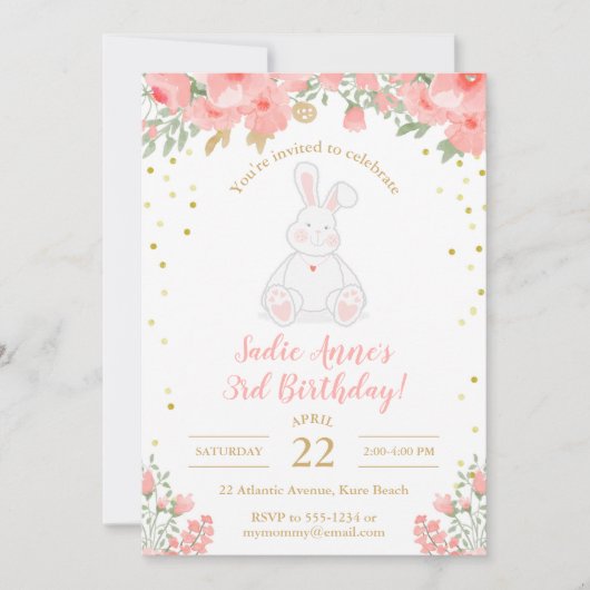 Invitation Quelques Lapin Aquarelle Anniversaire Floral Rose  (Devant)