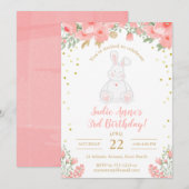 Invitation Quelques Lapin Aquarelle Anniversaire Floral Rose  (Devant / Derrière)